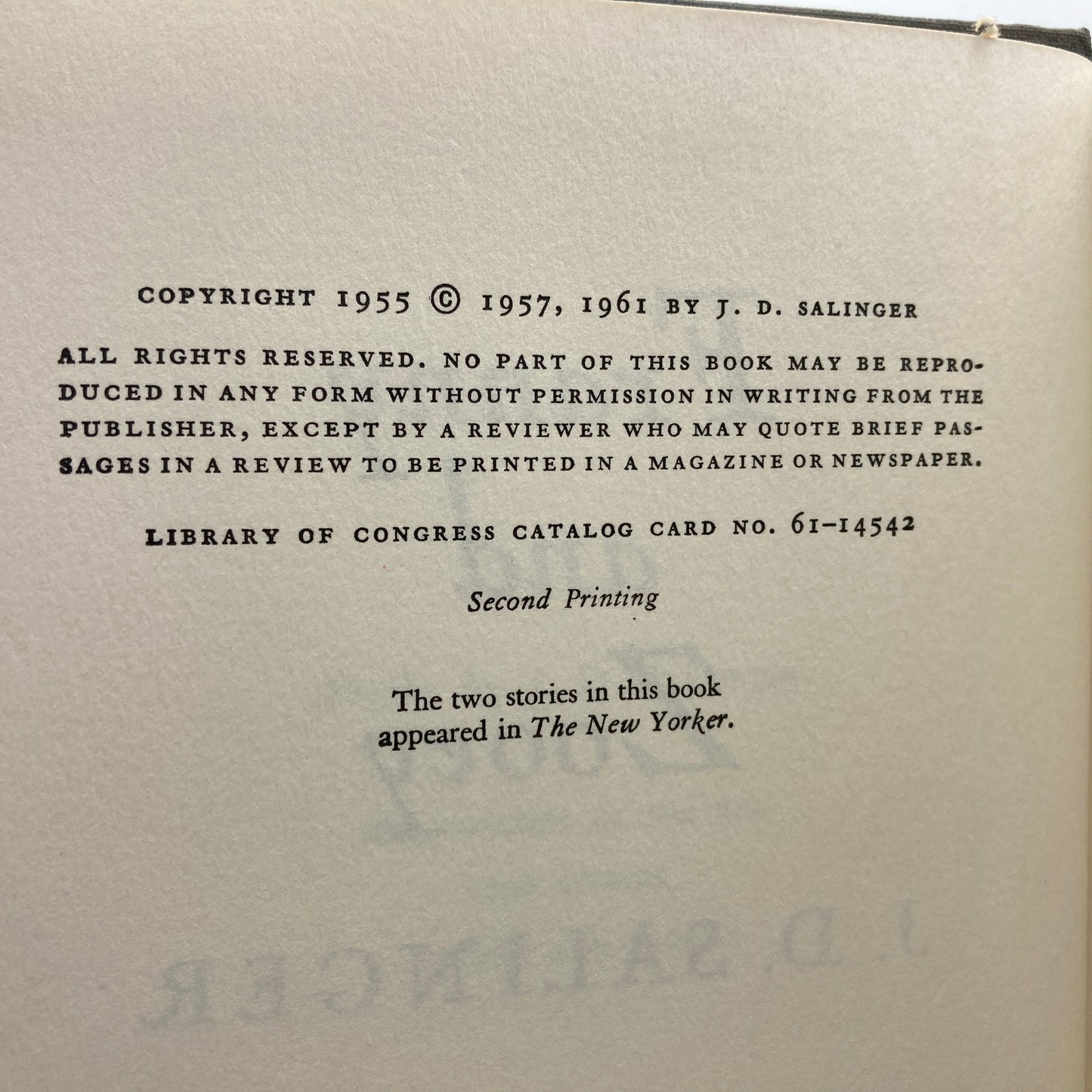 SALINGER, J.D. "Franny and Zooey" [Little, Brown & Co, 1961] 1st Edition/2nd Printing