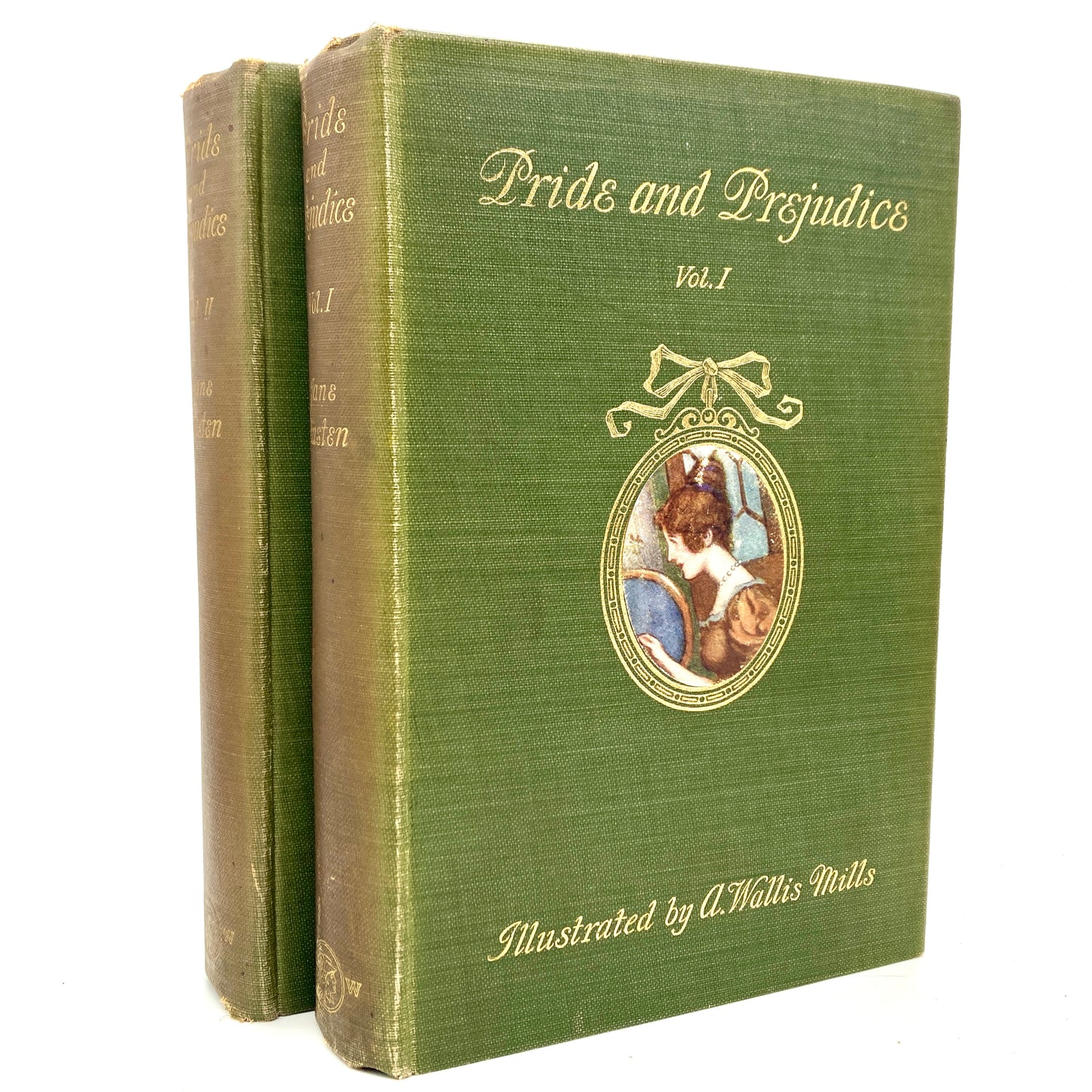 Vintage book titled 'Pride and Prejudice' with a green cover and decorative illustration.