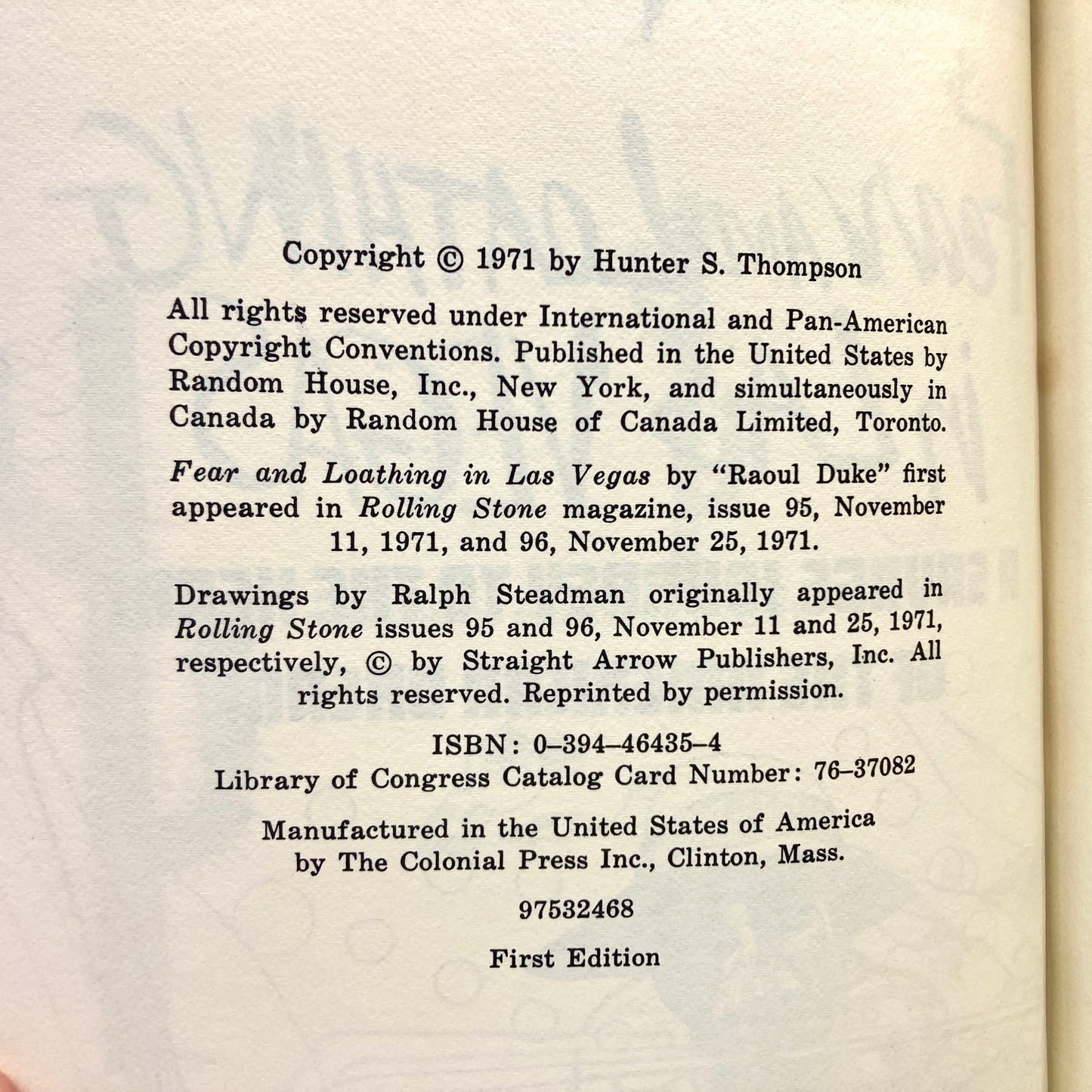 THOMPSON, Hunter S. "Fear and Loathing in Las Vegas" [Random House, 1971] 1st Edition