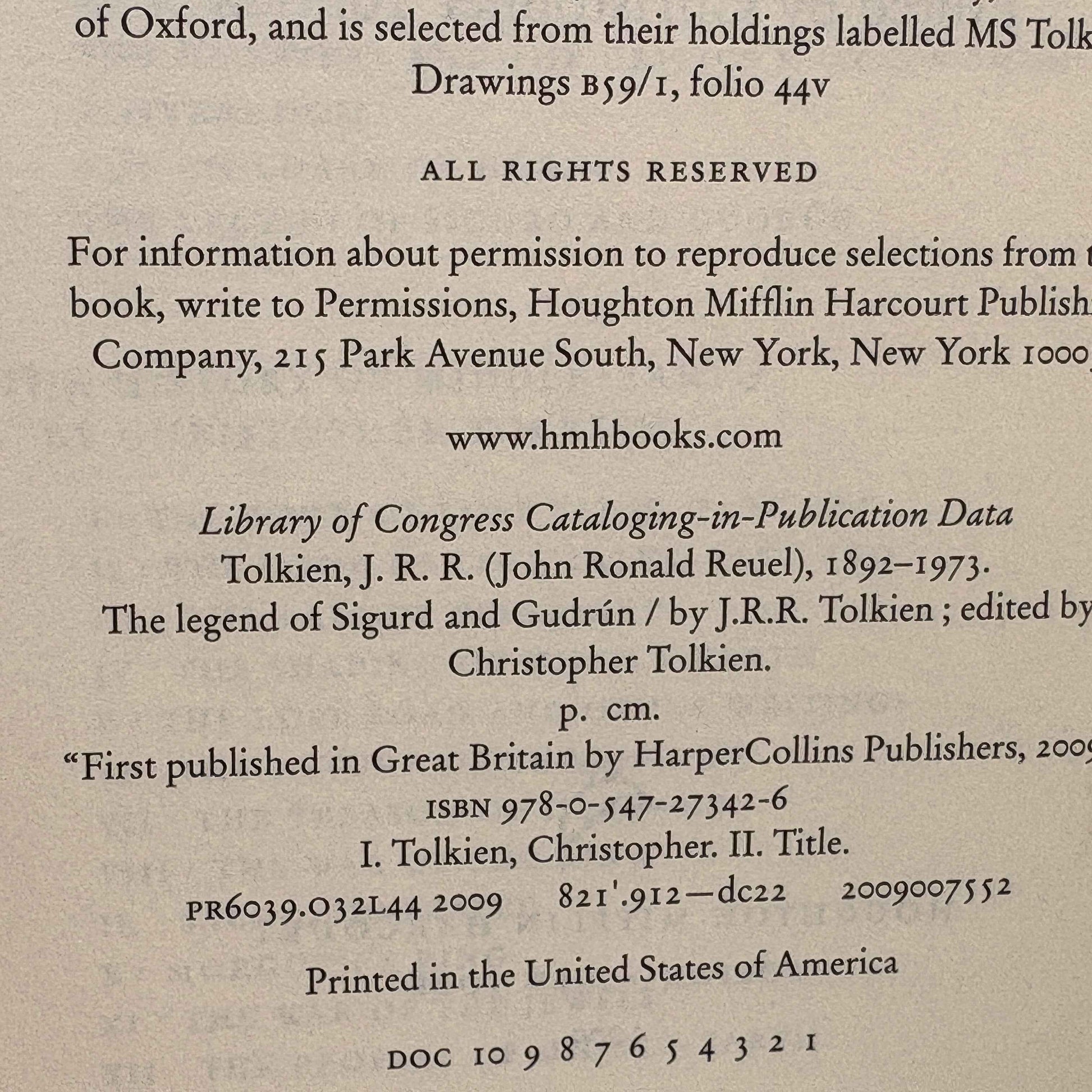 TOLKIEN, J.R.R. "The Legend of Sigurd and Gudrun" [Houghton Mifflin, 2009] 1st Edition