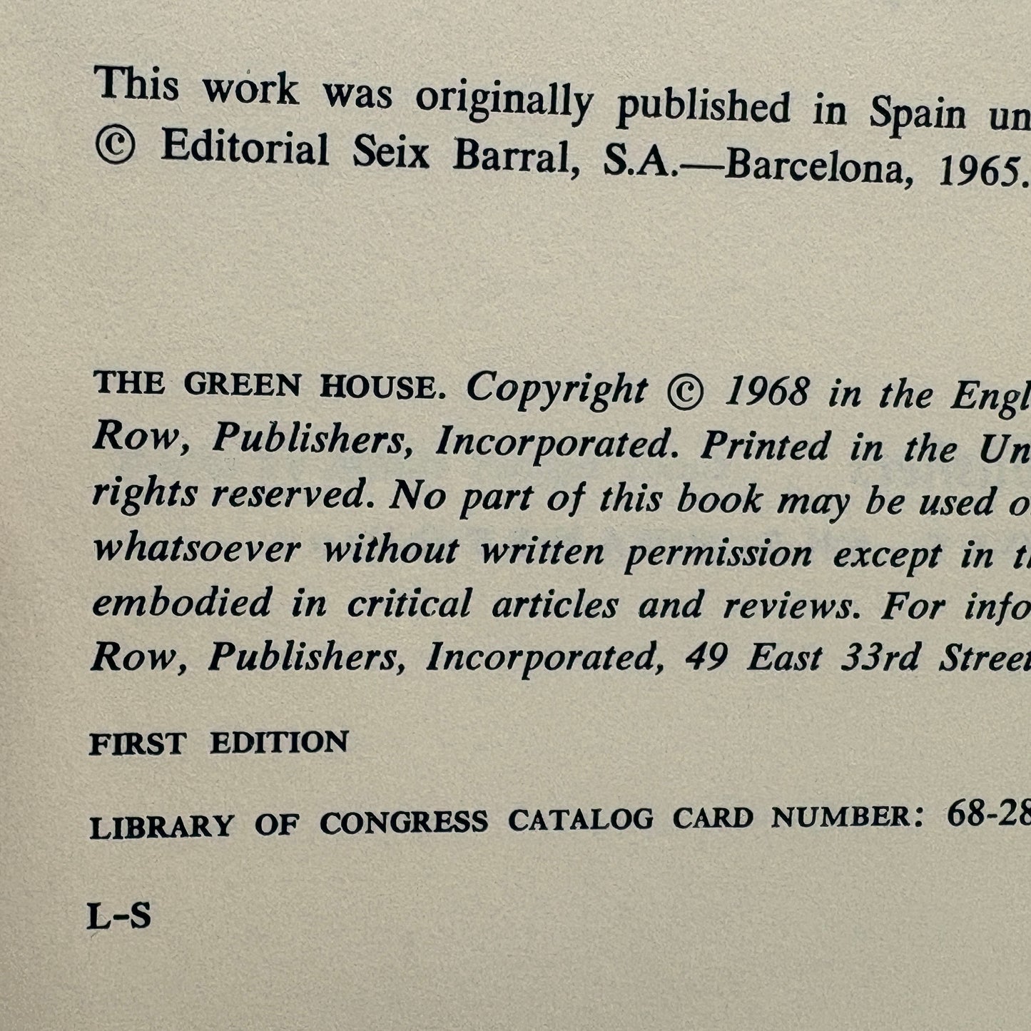 VARGAS LLOSA, Mario "The Green House" [Harper & Row, 1968] 1st Printing