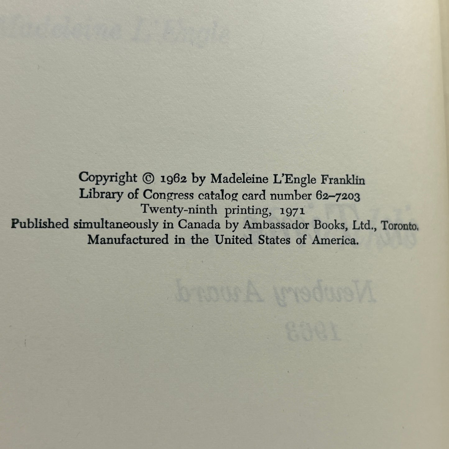 L'ENGLE, Madeleine "A Wrinkle in Time" [Farrar, Straus and Giroux, 1971] Signed