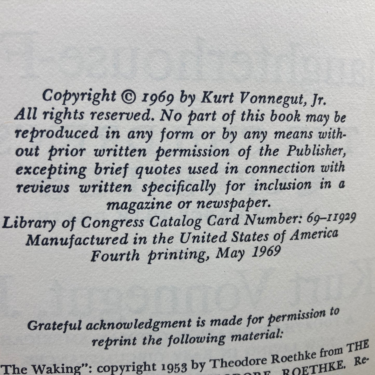 VONNEGUT, Kurt "Slaughterhouse-Five" [Delacorte, 1969] 1st Edition, 4th Printing