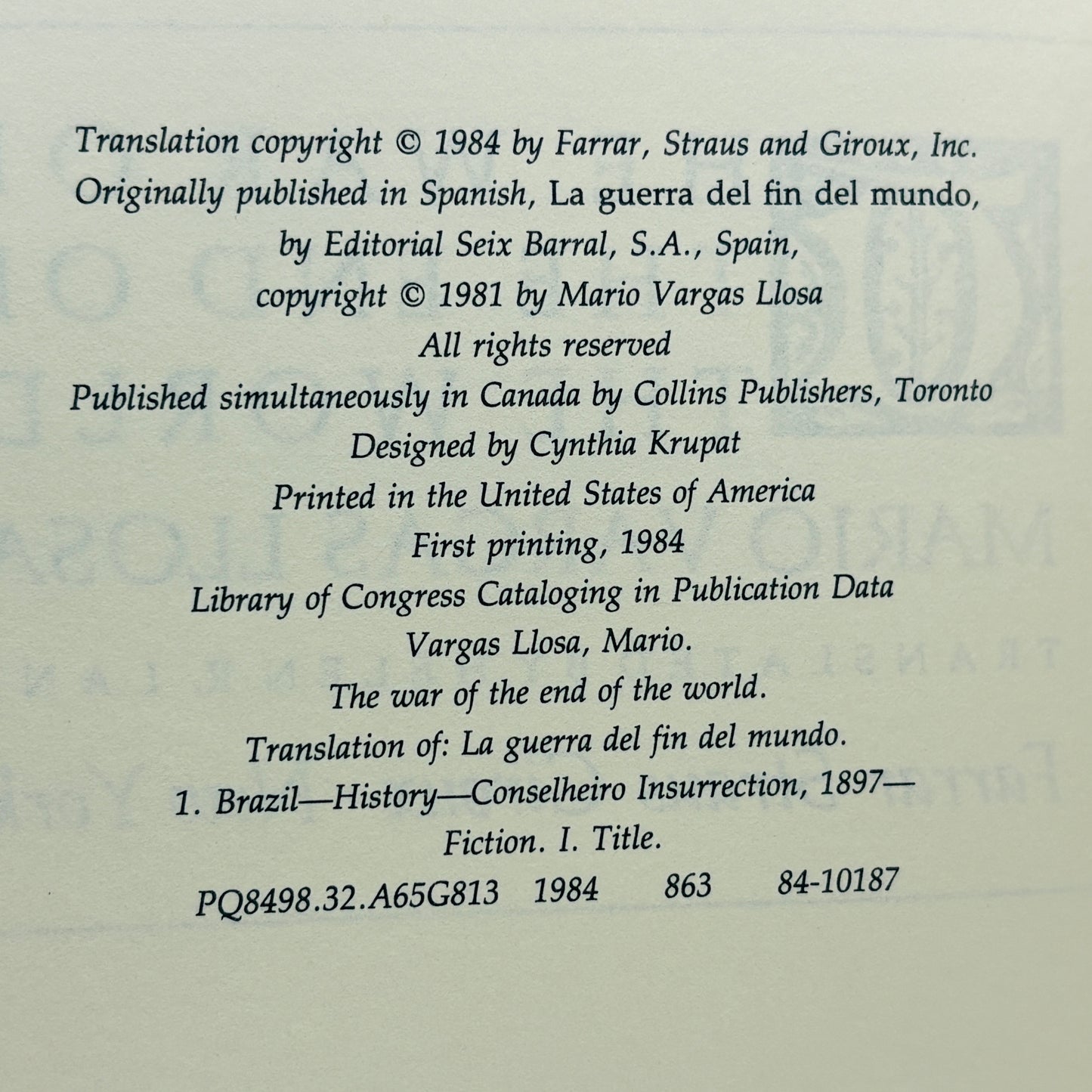 VARGAS LLOSA, Mario "The War of the End of the World" [1984] Signed 1st Printing