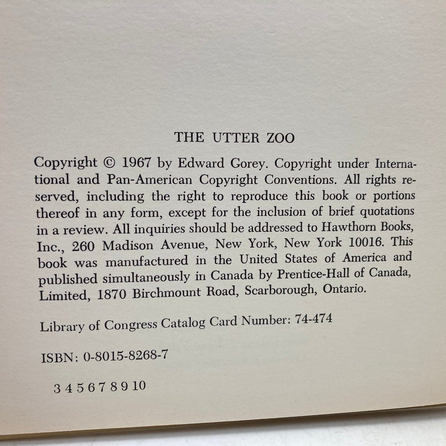 GOREY, Edward "The Utter Zoo, An Alphabet" [Hawthorn, 1967] Signed 1st/3rd