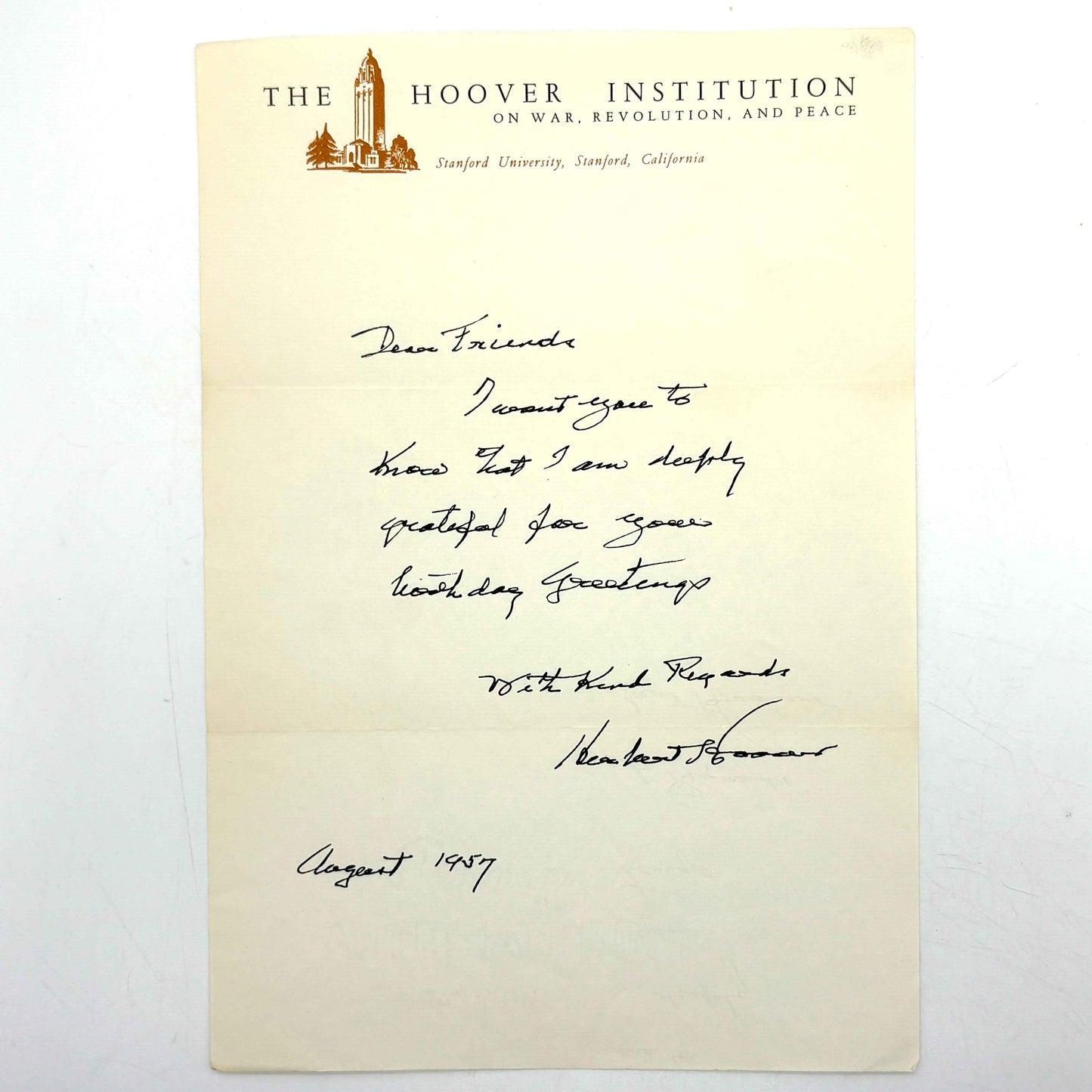 HOOVER, Herbert “Autograph Letter Signed” [Hoover Institution, 1957]