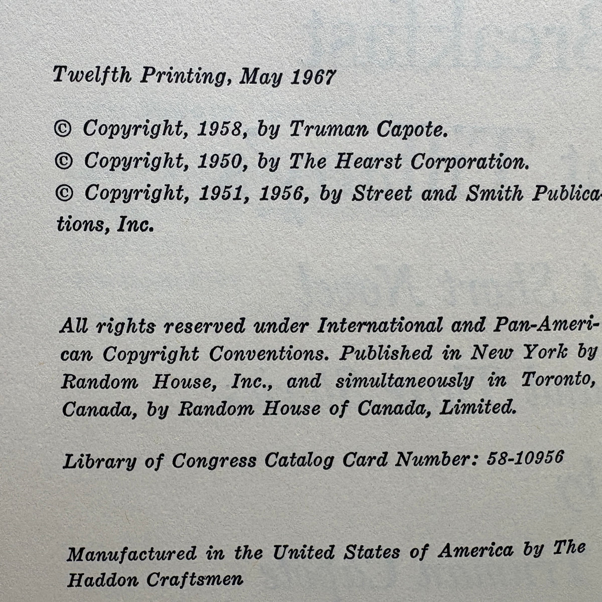 Capote, Truman “Breakfast at Tiffany’s” [Random House, 1967] 12th Printing