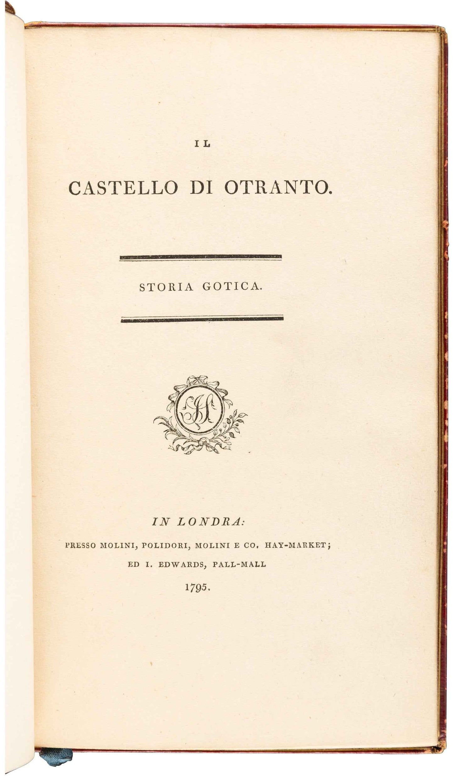 WALPOLE, Horace "Castello di Otranto" [Molini, 1795] Fore Edge Painting, 1st Edition