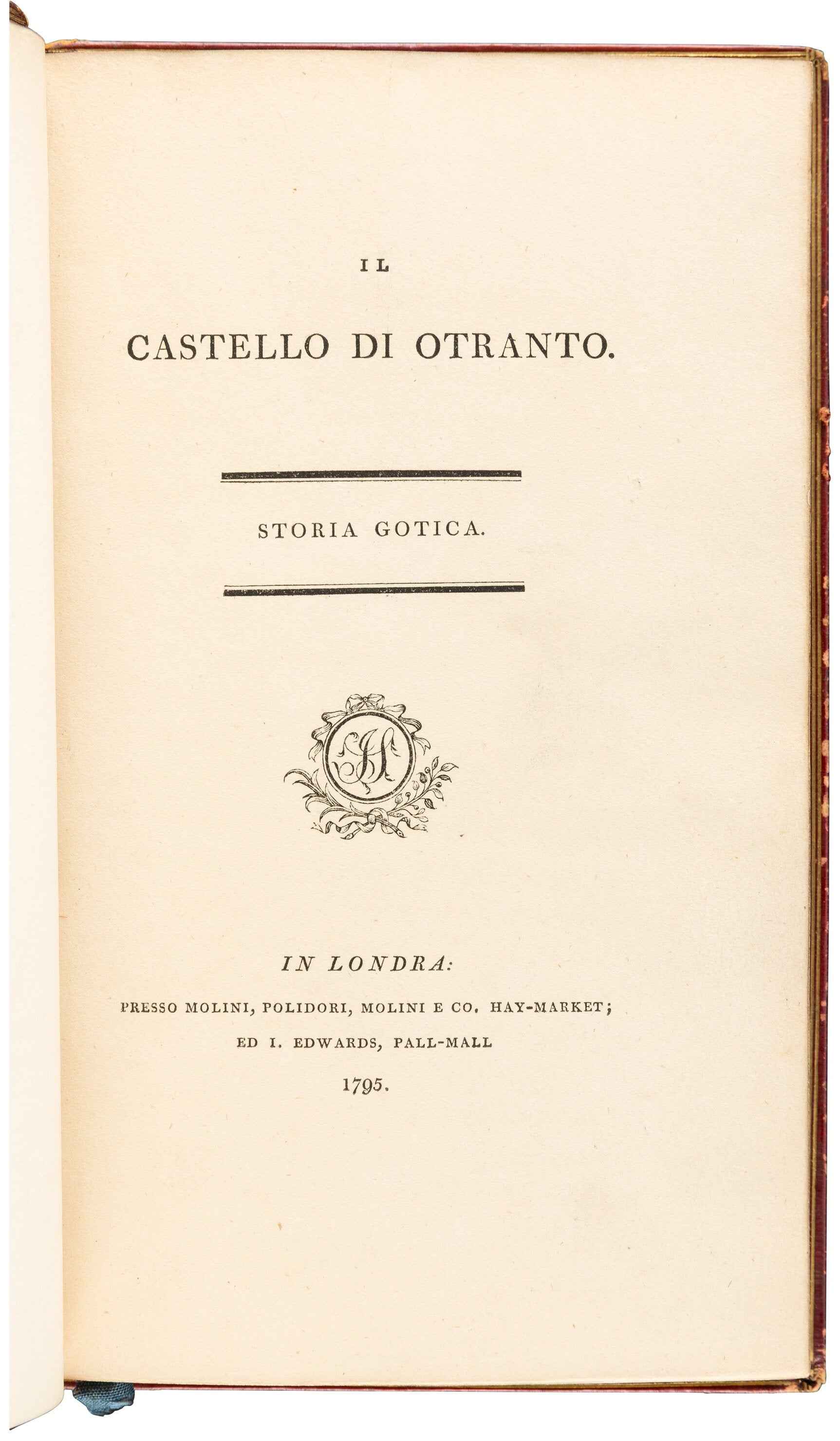 WALPOLE, Horace "Castello di Otranto" [Molini, 1795] Fore Edge Painting, 1st Edition