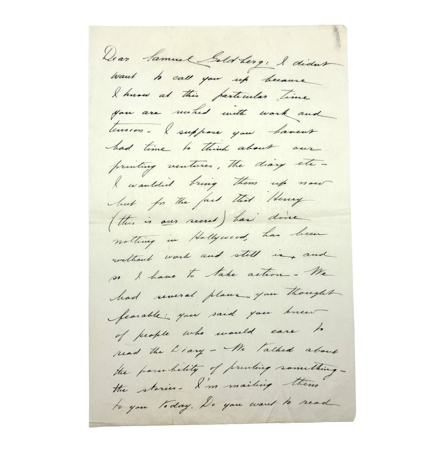 NIN, Anaïs - Handwritten Letter RE: publishing her diaries [c1943]