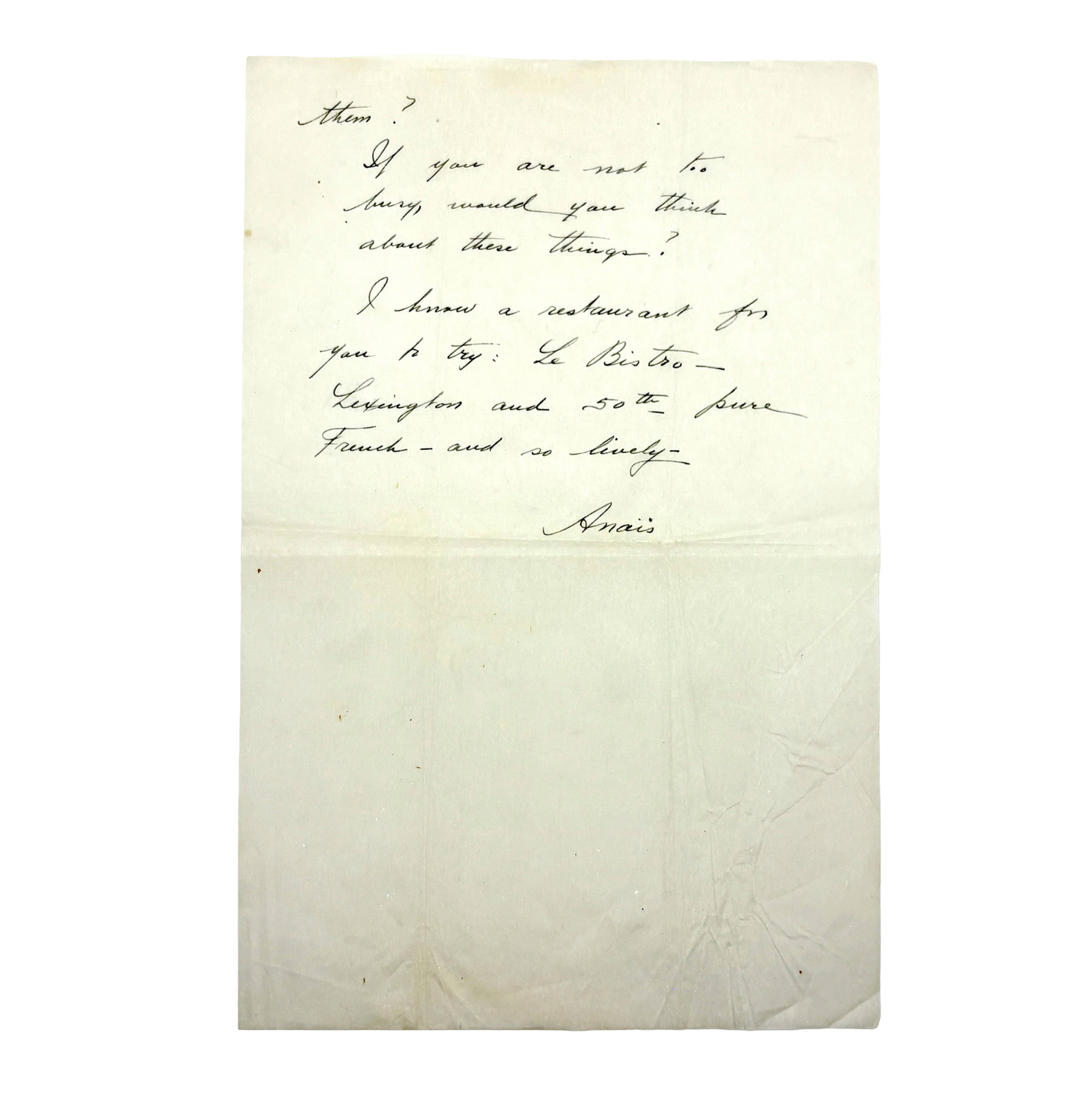 NIN, Anaïs - Handwritten Letter RE: publishing her diaries [c1943]